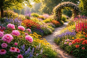Obraz premium Bright and lively garden scene featuring numerous blossoming flowers