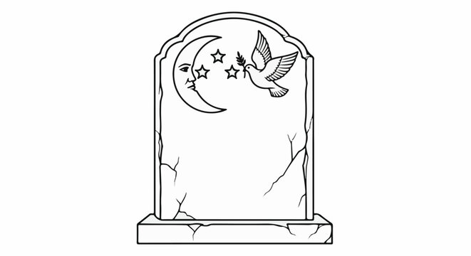 A gravestone with a crescent moon face, stars, and a dove carrying an olive branch