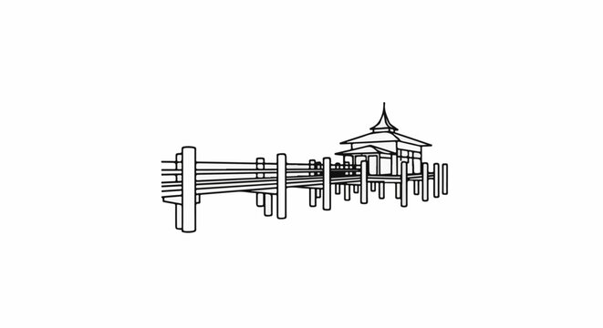 Stylized drawing of a stilted building with a fence