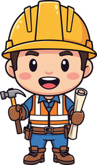 Fototapeta premium A cartoon construction worker wearing a yellow hard hat holds a hammer and blueprints smiling.