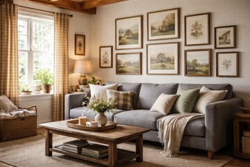Fototapeta premium Charming country house room highlighting wall-mounted frames and a modern gray sofa with soft pillows