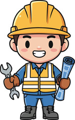 Fototapeta premium A cartoon construction worker wearing a yellow hard hat holds a wrench and blueprints outdoors.
