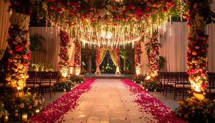 Fototapeta premium Elegant Wedding Aisle with Floral Decorations and Soft Lighting.