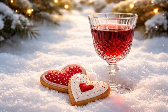 Crystal wine glass filled with red cherry tincture beside heart shaped Christmas cookies resting on white winter snow with copy space