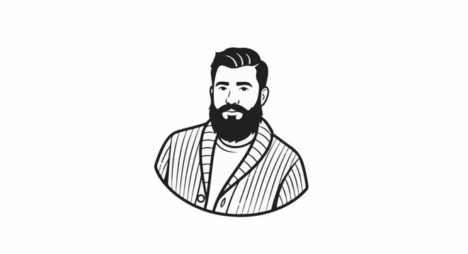 A black and white sketch of a man with a full beard and stylish hair