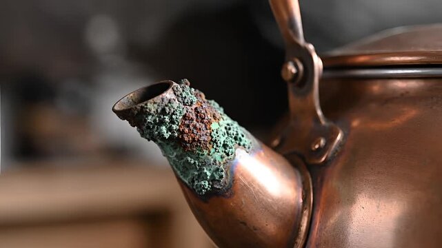 Closeup of a vintage copper kettle spout with verdigris buildup.