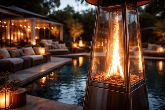 Gas burner heater with reflective glass enhancing warmth in modern outdoor poolside recreational area