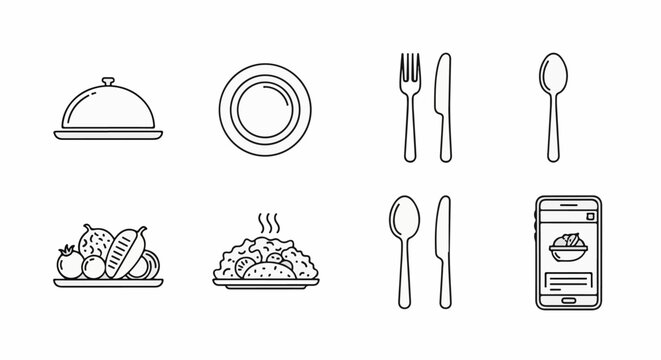 A collection of food and dining icons including a covered dish, plate, cutlery, and food dishes