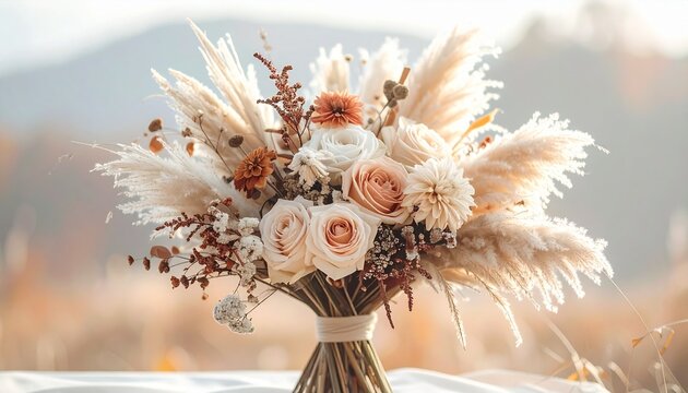 Elegant Wedding Bouquet with Pampas Grass and Roses in Soft Light.