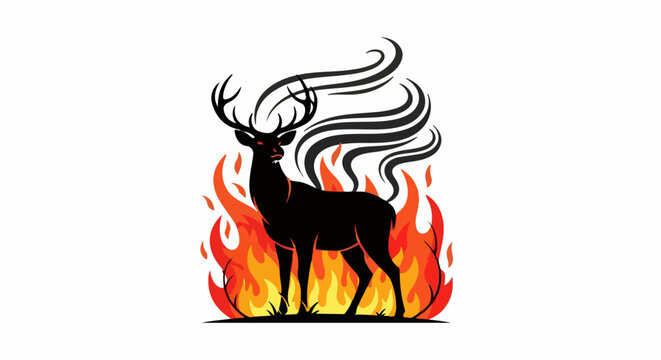 A black deer stands amidst a bright orange and yellow fire