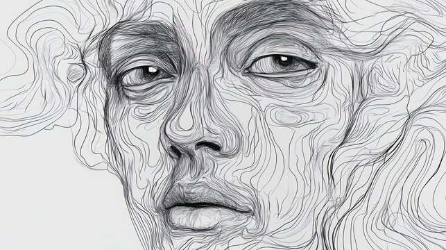 Detailed pencil-like drawing of a human face composed of swirling lines, intense gaze