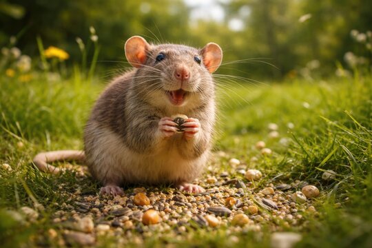 Joyful brown rat pet playing and eating birdseed on summer green grass full length scene