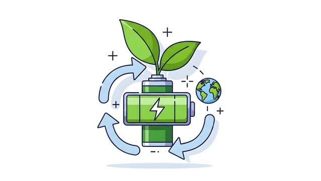 Renewable energy cycle and green battery technology. Sustainable power and circular economy. Illustration of battery with leaves and recycle arrows near a globe