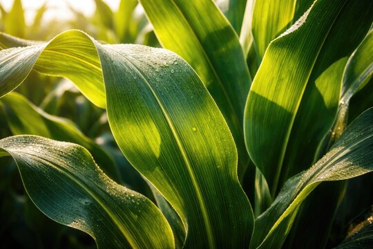 Close detailed image of sunlit green corn leaves highlighting natural textures for nature and farming
