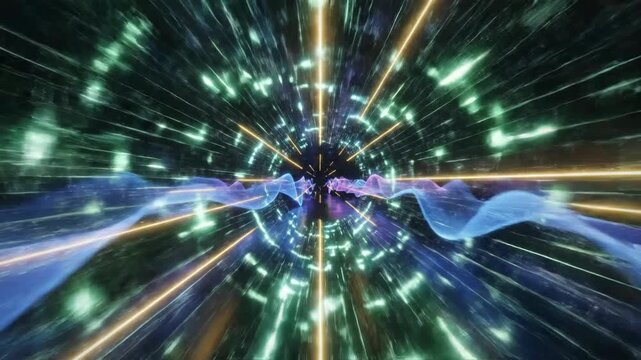 Vibrant neon lights converge on a luminous sphere with radiant energy waves in a dark tunnel