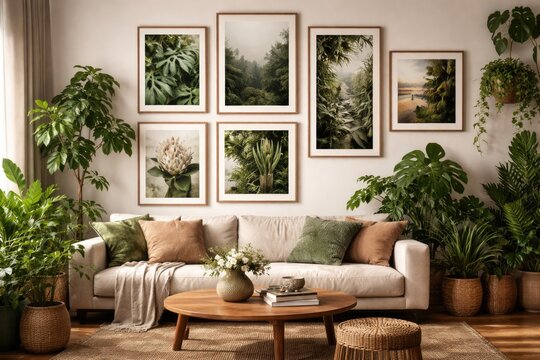 Living room with six framed pieces on exhibit wall and lush green plants