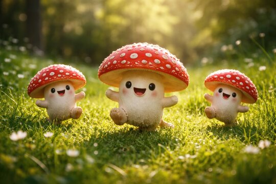 Full length view of lucky Amanita muscaria pets frolicking on thick green grass