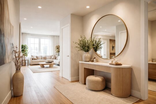 Open modern apartment design with soft light walls and hardwood floors complemented by a stylish foyer featuring a round mirror