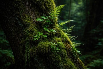 Obraz premium Lush fresh growth extending from tree trunk with rich moss and delicate plants against dark woodland background