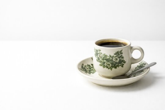 Lone kopitiam cup set on a plain white surface backdrop including copy space