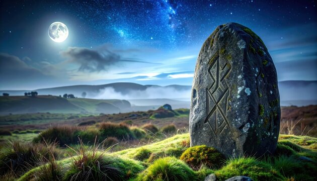 Ancient standing stone with mystic runes carved deeply under a starry night sky and rolling hills