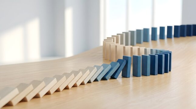 A winding line of gradient-colored dominoes, transitioning from light beige to deep blue, demonstrates a cause and effect chain reaction.