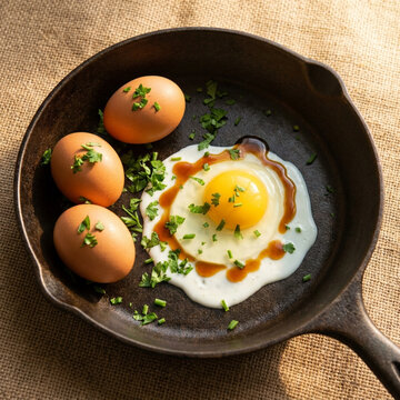 Fried Egg in Cast Iron Skillet with Rustic Breakfast Setup