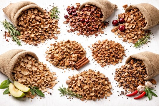 Flat lay of flavored wood chips stacked for grilling against a clean white surface