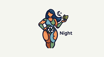 Fototapeta premium Illustration of a Woman Holding a Crescent Moon and Leaf.