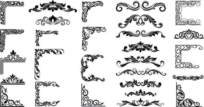 Black vintage decorative corner and border elements set isolated on white background, Vector