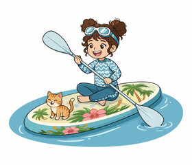 Fototapeta premium Cute girl paddling a yellow kayak on a calm river, 2D vector illustration.