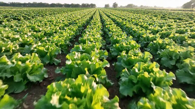 Lush, green rows of leafy vegetables stretch into the horizon under a clear, sunny sky in expansive farmland