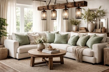 Fototapeta premium Chic living room setup with soft green cushions on sofa and rustic wooden lighting fixture