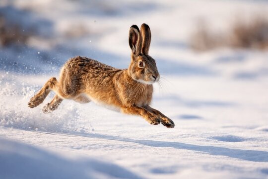 Energetic hare springing over a white snowy plain