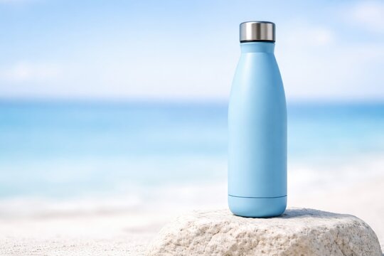 Image of light blue water bottle on white stone offering copy space