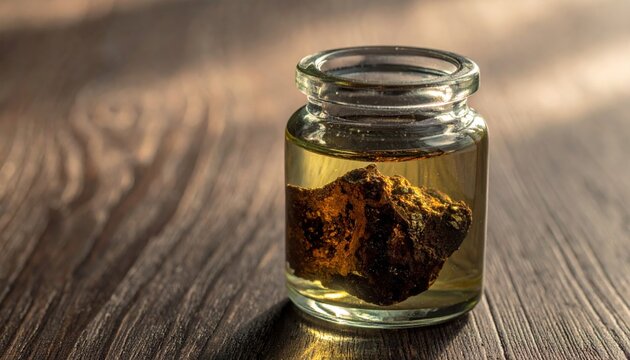 A dark brown lump of potassium metal safely submerged within mineral oil in a small glass jar on a wooden surface