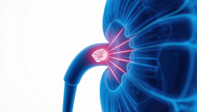 microscopic view shows kidney stone forming within kidney.