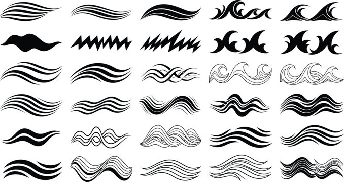 Black and white abstract wave patterns collection isolated on white background, Vector
