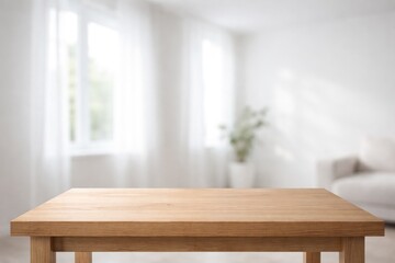 Fototapeta premium Clean white room background with abstract blur and an empty wooden display table under window light
