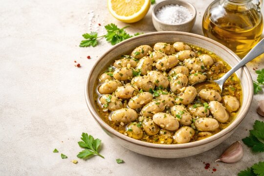 Bowl holding cracked cannellini beans drenched in herb flavored oil placed on a soft light backdrop including space for culinary text or copy