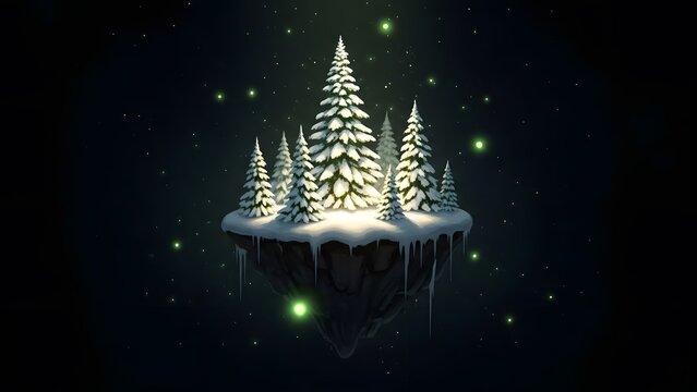 Snow covered pine trees on a floating island with green fireflies. Fantasy winter and magical forest concept. Isolated frozen land levitating in a dark starry night sky