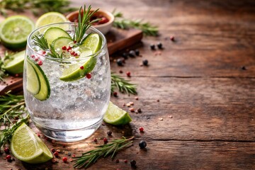 Fototapeta premium Bright gin refresher with aromatic garnish elements served in chilled glass on rustic tabletop with room for text
