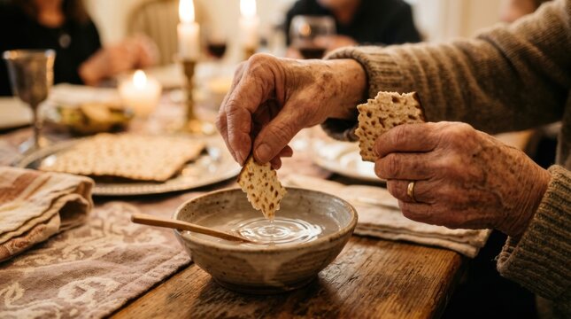 Person dipping matzah into a bowl during a religious ceremony.