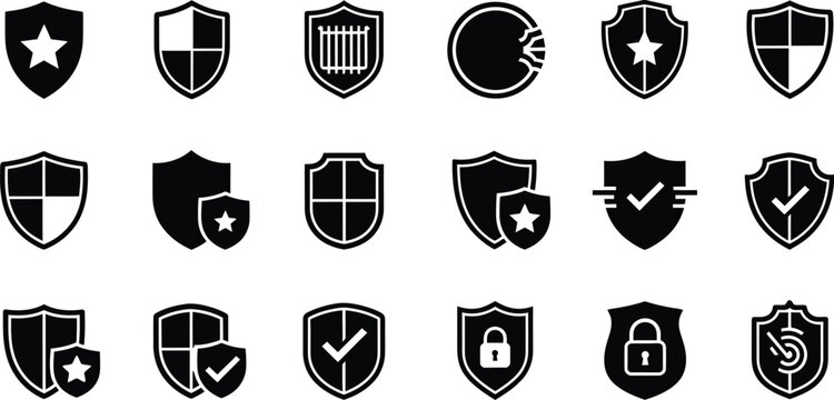 Set of modern shield icons with various symbols isolated on white background, Vector
