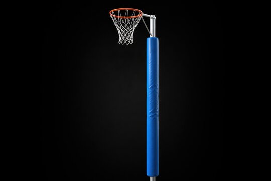 Fitness themed netball hoop with blue safety padding and nylon mesh net on metal pole isolated on black background for sports illustrations