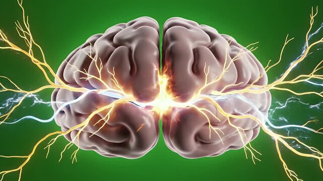 Three-Dimensional Rendering of Human Brain with Electric Impulses Illuminating Amygdala on Bright Green Background