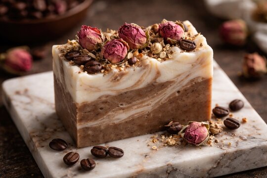 Artisan floral soap bar with natural coffee cream and dried rose decoration on marble slab