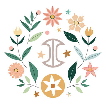 gemini zodiac floral design with pastel pink peach yellow green flowers circular frame symbolizing astrology harmony balance and ornamental art