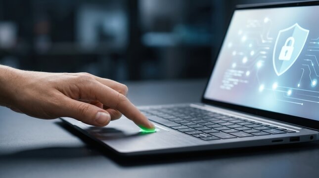 Close up of finger scanning on laptop fingerprint reader for secure login, cybersecurity protection concept, digital identity verification and data privacy safety technology