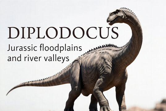 A diplodocus dinosaur is depicted in a Jurassic floodplain and river valley.